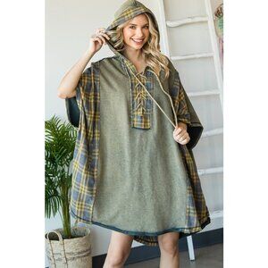 022 Oli & HalI Washed Plaid Hooded Oversized Tunic Top NEW Army Combo One Size